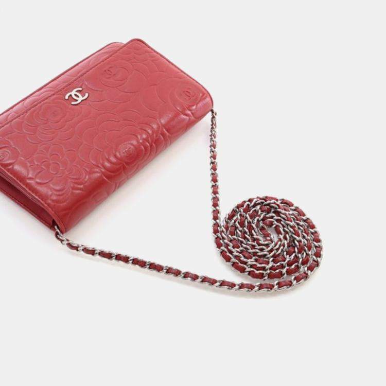 Pre Owned Chanel Camellia Embossed Red Lambskin Wallet On Chain 