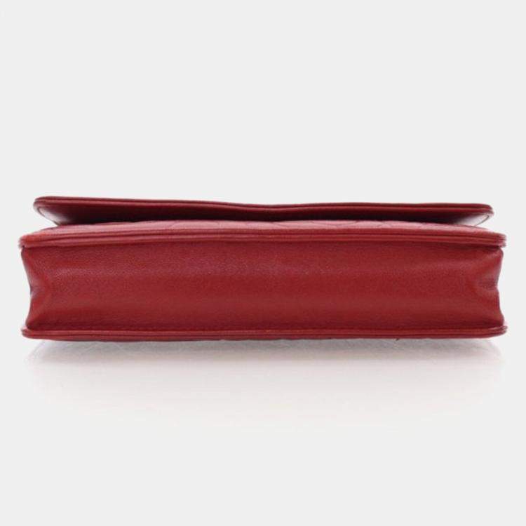 Pre Owned Chanel Camellia Embossed Red Lambskin Wallet On Chain 