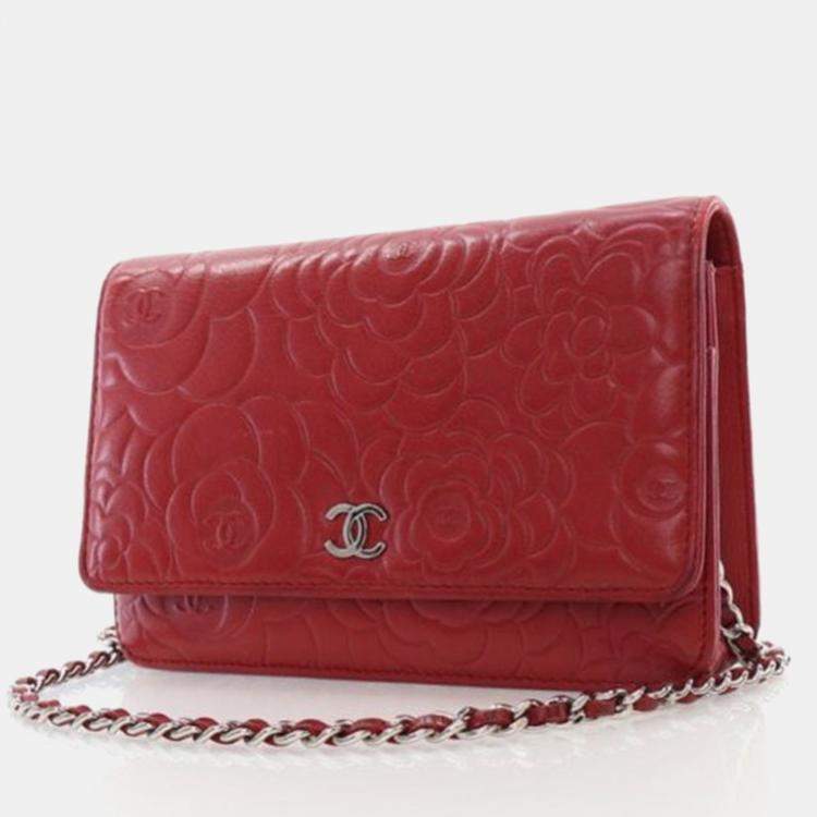 Pre Owned Chanel Camellia Embossed Red Lambskin Wallet On Chain 