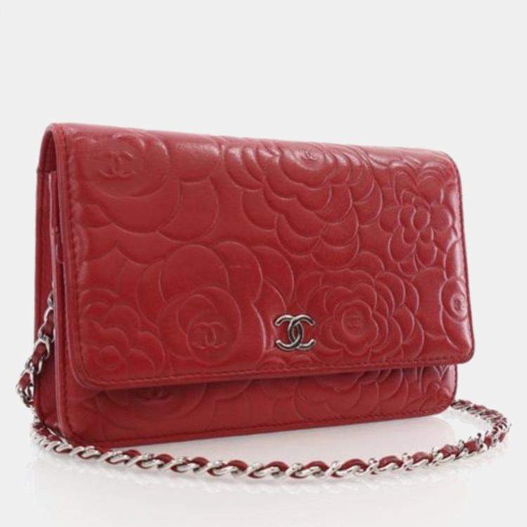 Pre Owned Chanel Camellia Embossed Red Lambskin Wallet On Chain 