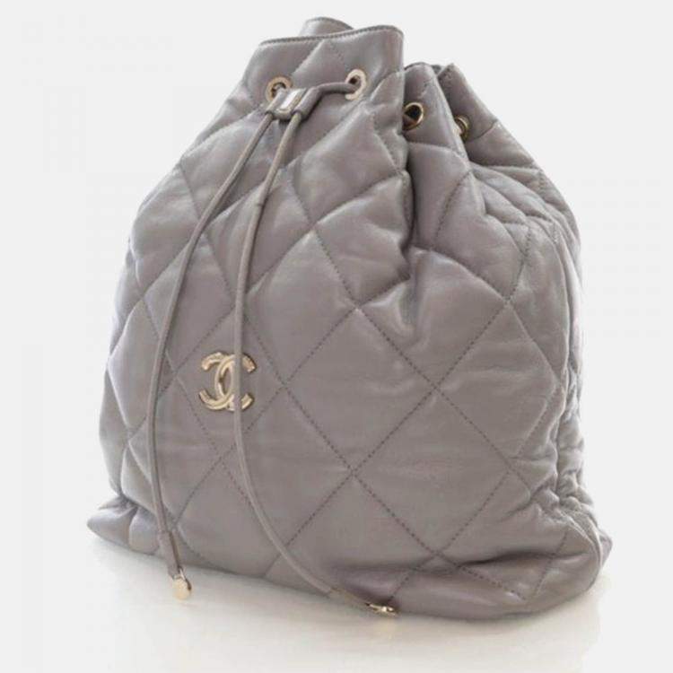 Pre Owned Chanel Drawstring Grey Calfskin Bucket Backpack