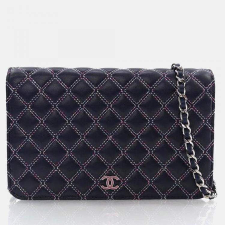 Pre Owned Chanel Navy Blue Lambskin Wallet On Chain 