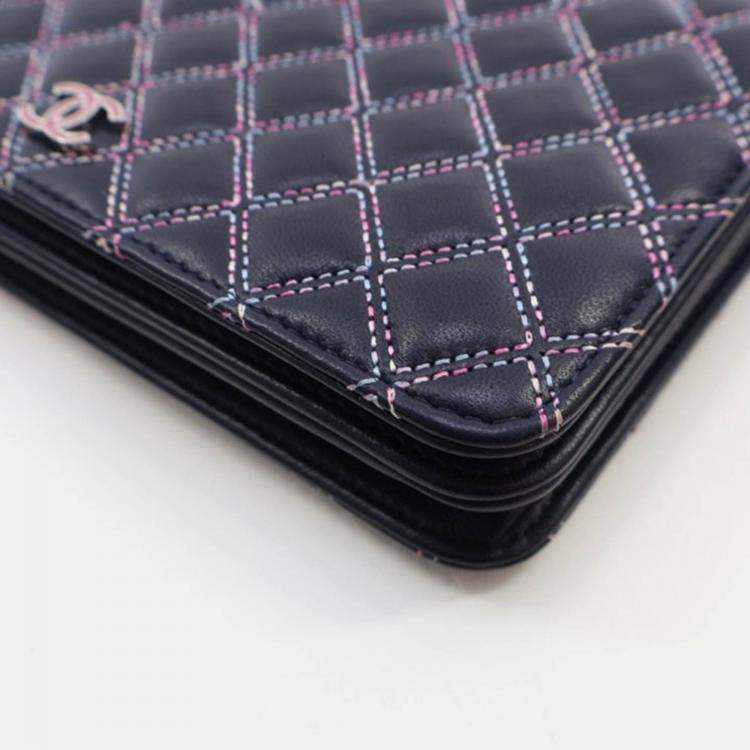 Pre Owned Chanel Navy Blue Lambskin Wallet On Chain 