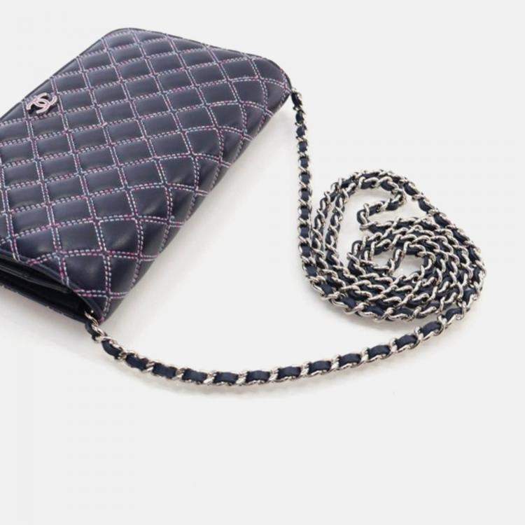 Pre Owned Chanel Navy Blue Lambskin Wallet On Chain 
