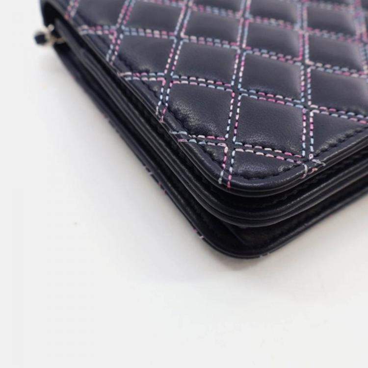 Pre Owned Chanel Navy Blue Lambskin Wallet On Chain 
