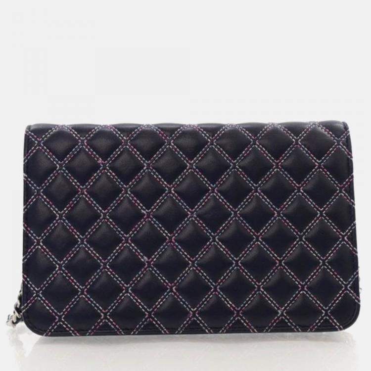 Pre Owned Chanel Navy Blue Lambskin Wallet On Chain 