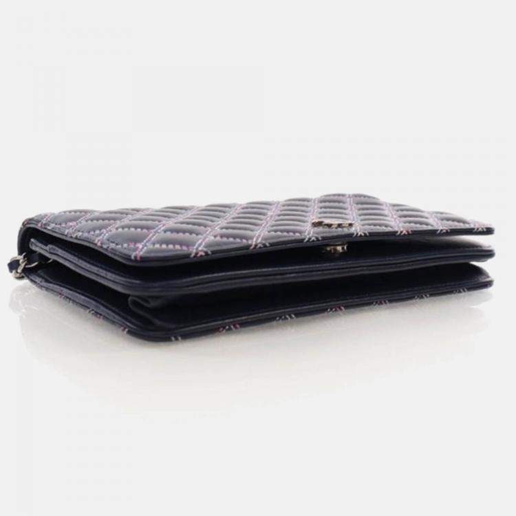 Pre Owned Chanel Navy Blue Lambskin Wallet On Chain 