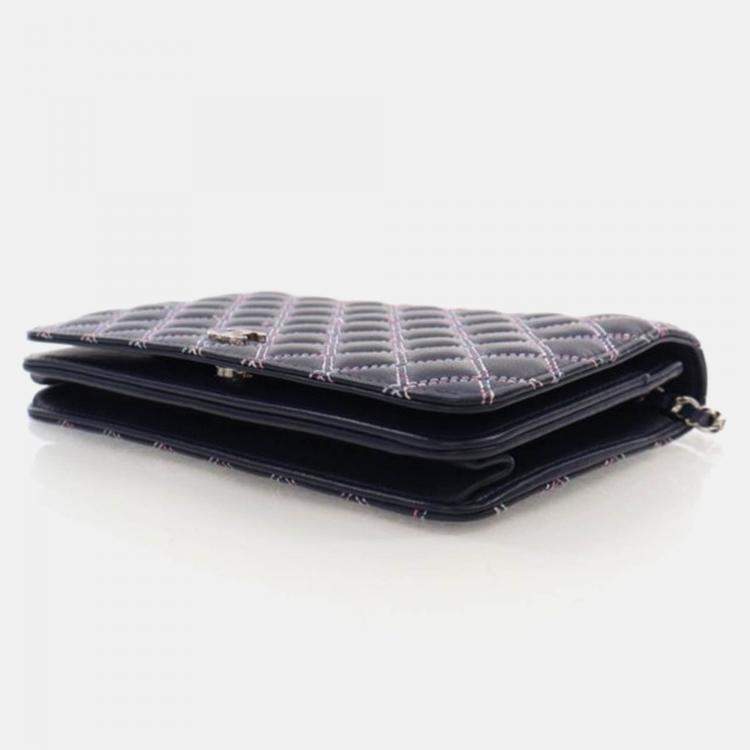 Pre Owned Chanel Navy Blue Lambskin Wallet On Chain 