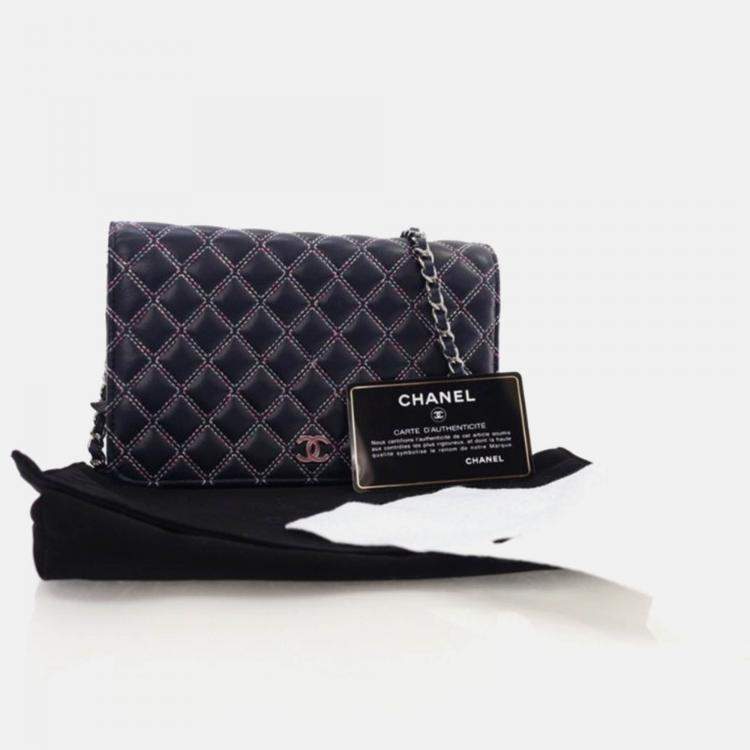 Pre Owned Chanel Navy Blue Lambskin Wallet On Chain 