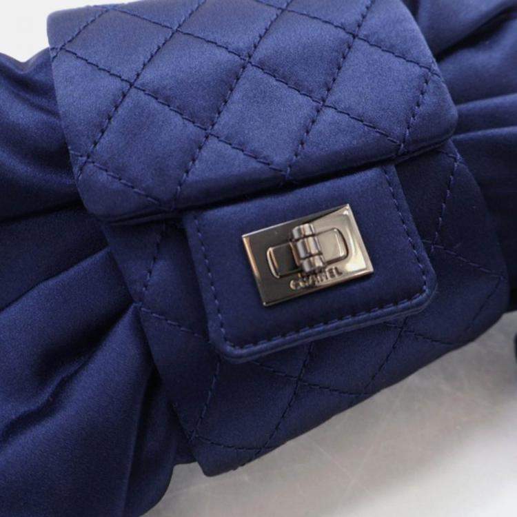 Pre Owned Chanel Evening Bow Vintage Navy Blue Satin Clutch Bag