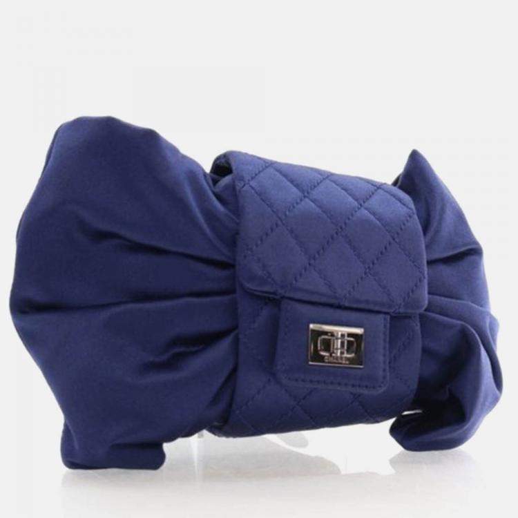 Pre Owned Chanel Evening Bow Vintage Navy Blue Satin Clutch Bag