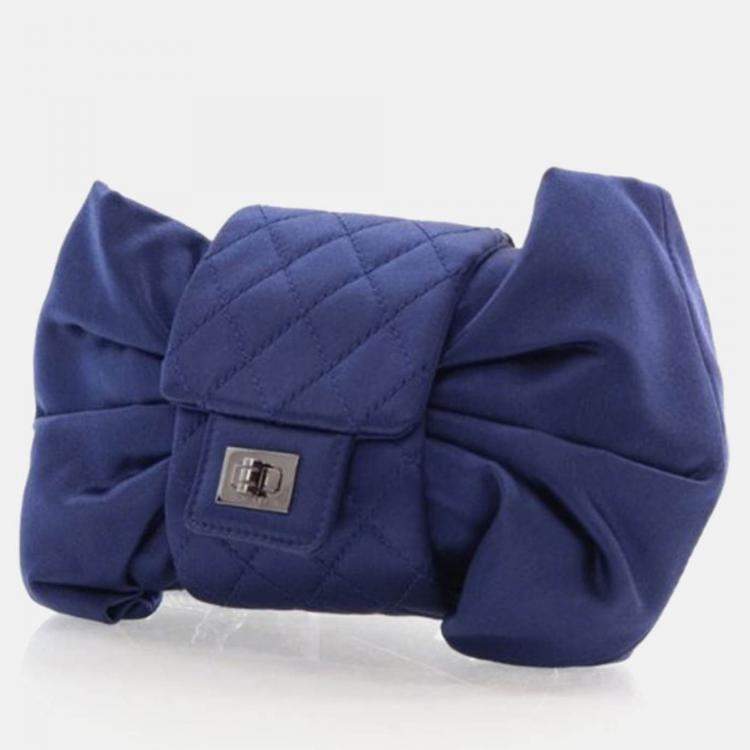 Pre Owned Chanel Evening Bow Vintage Navy Blue Satin Clutch Bag