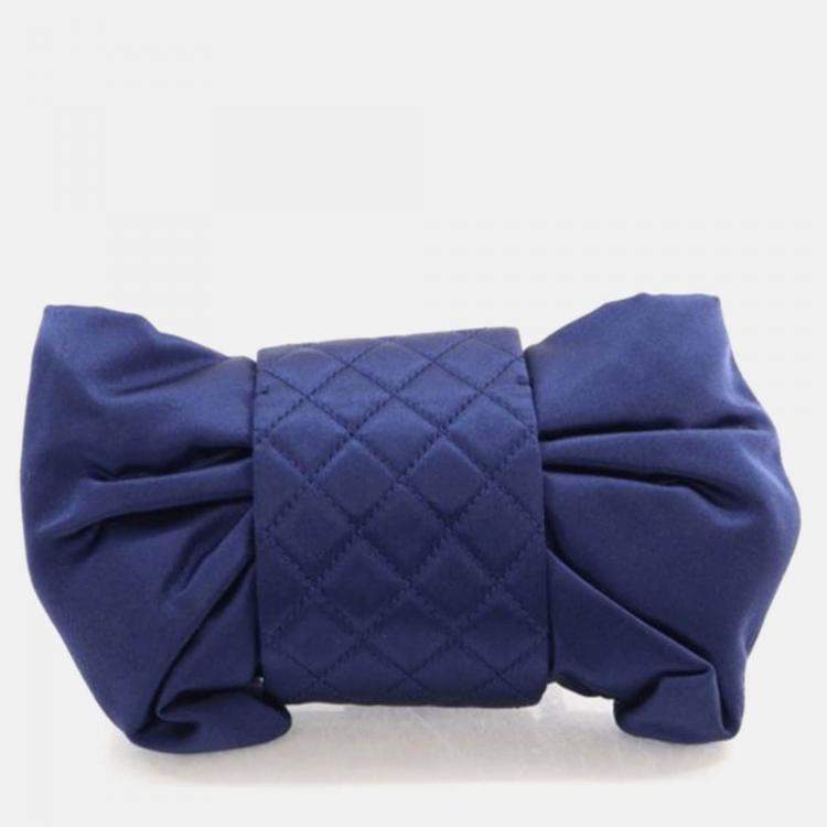 Pre Owned Chanel Evening Bow Vintage Navy Blue Satin Clutch Bag