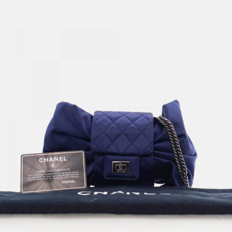 Pre Owned Chanel Evening Bow Vintage Navy Blue Satin Clutch Bag