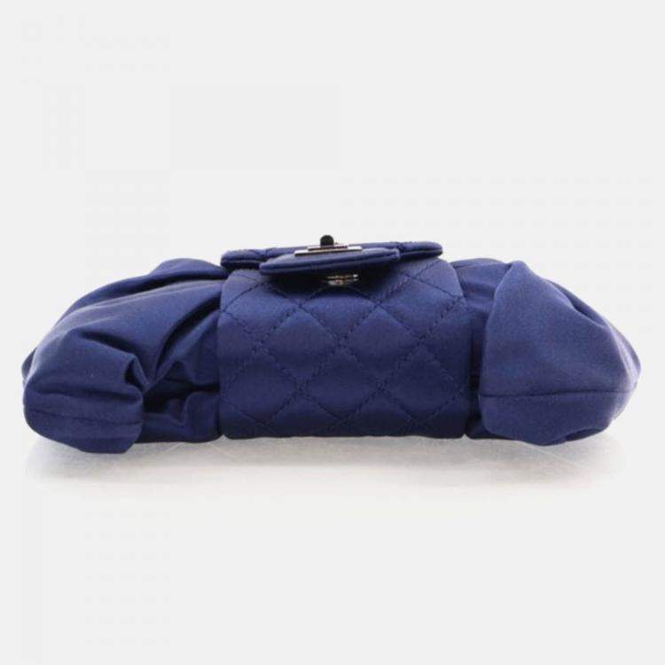 Pre Owned Chanel Evening Bow Vintage Navy Blue Satin Clutch Bag