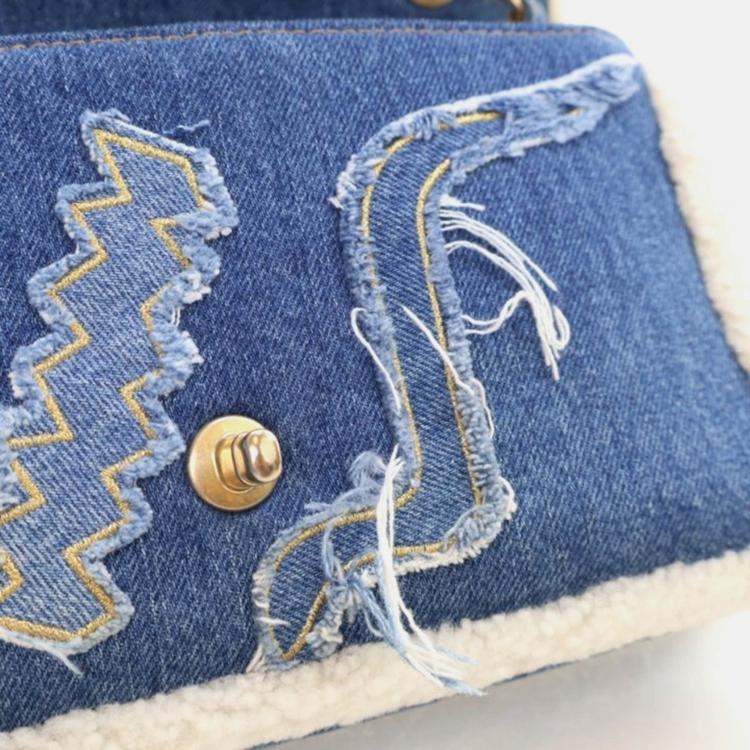 Pre Owned Chanel Egyptian Hieroglyph Classic Flap Medium Blue Denim Shoulder Bag