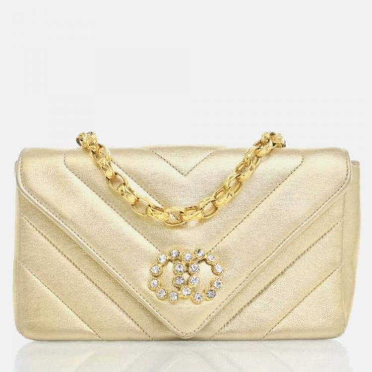 Pre Owned Chanel V Stitch Bijoux Vintage Gold Lambskin Shoulder Bag