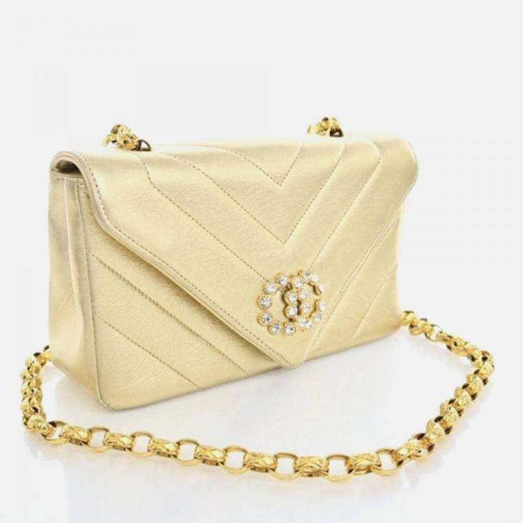 Pre Owned Chanel V Stitch Bijoux Vintage Gold Lambskin Shoulder Bag