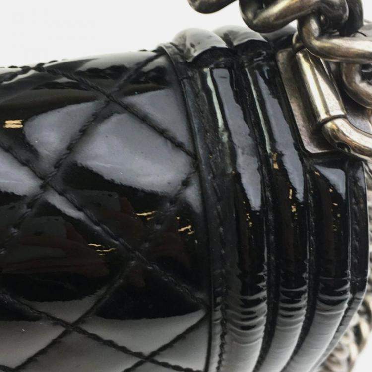 Pre Owned Chanel Boy Medium Black Patent Leather Shoulder Bag