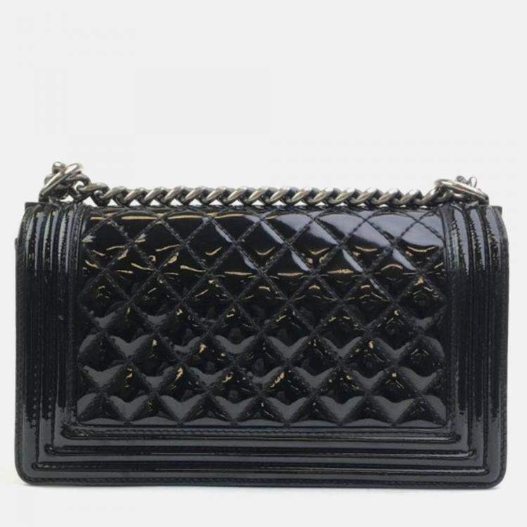 Pre Owned Chanel Boy Medium Black Patent Leather Shoulder Bag