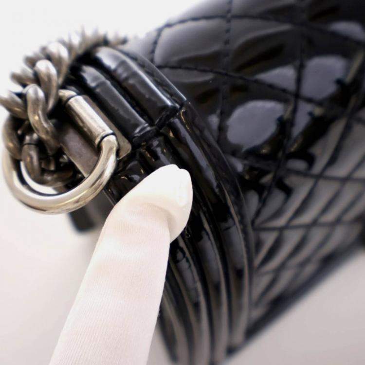 Pre Owned Chanel Boy Medium Black Patent Leather Shoulder Bag