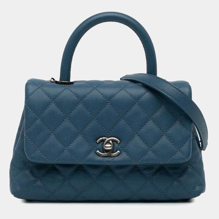 Pre Owned Chanel Navy Blue Mini Quilted Caviar Coco Top Handle Bag