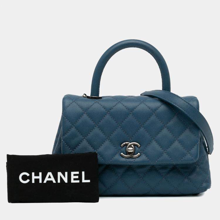 Pre Owned Chanel Navy Blue Mini Quilted Caviar Coco Top Handle Bag