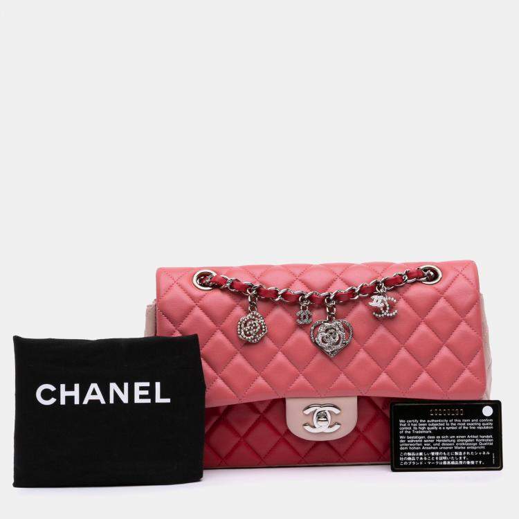 Pre Owned Chanel Pink Medium Classic Tricolor Lambskin Valentines Heart Charms Single Flap