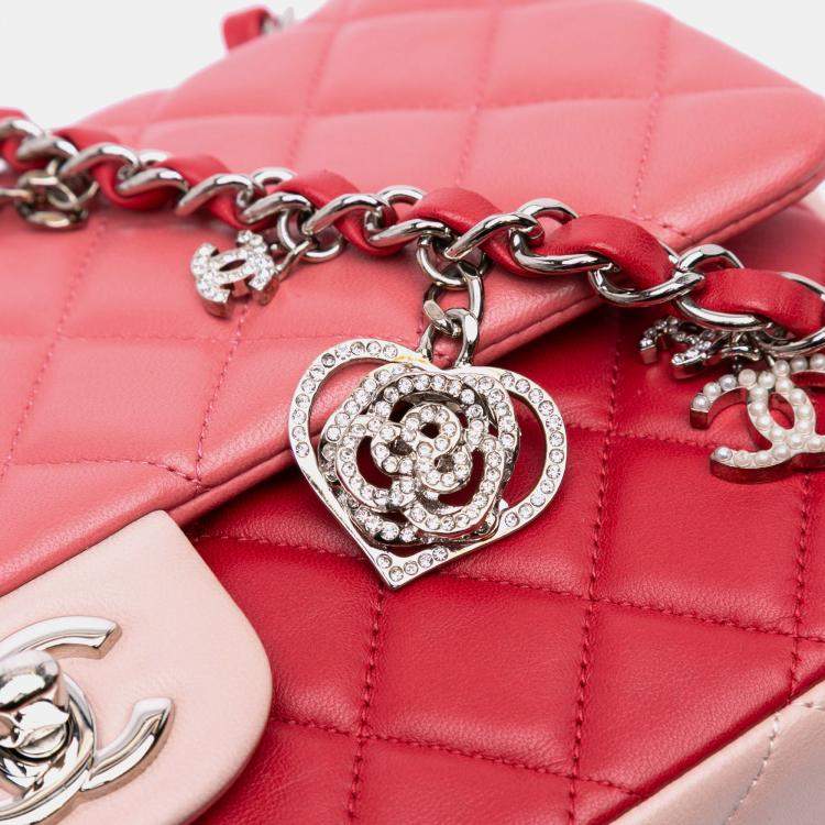 Pre Owned Chanel Pink Medium Classic Tricolor Lambskin Valentines Heart Charms Single Flap