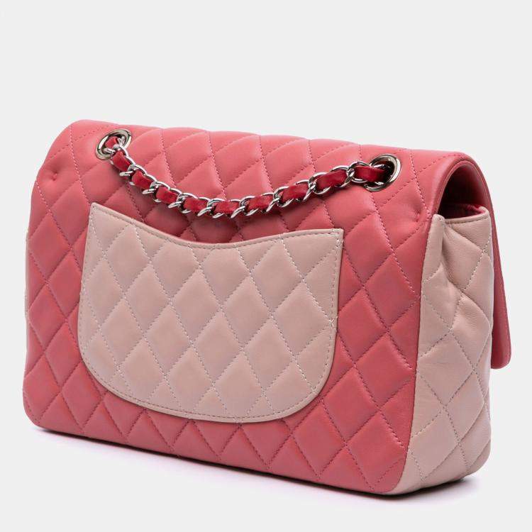 Pre Owned Chanel Pink Medium Classic Tricolor Lambskin Valentines Heart Charms Single Flap