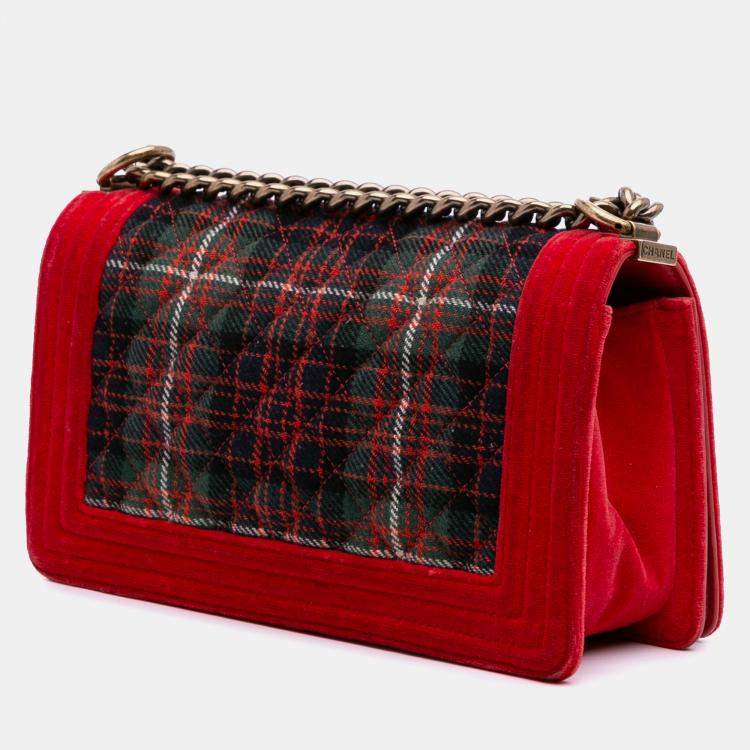 Pre Owned Chanel Red Old Medium Quilted Tweed and Velvet Boy Flap