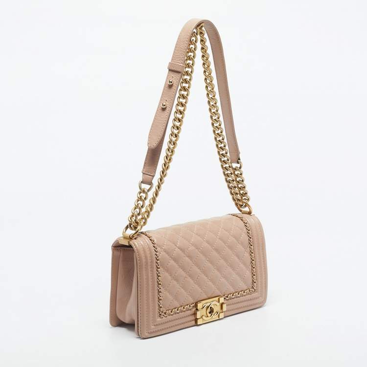 Pre Owned Chanel Pink Quilted Aged Leather Chain Around Medium Boy Flap Bag