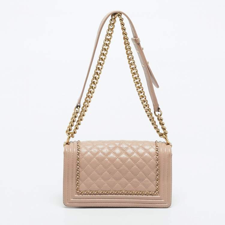 Pre Owned Chanel Pink Quilted Aged Leather Chain Around Medium Boy Flap Bag
