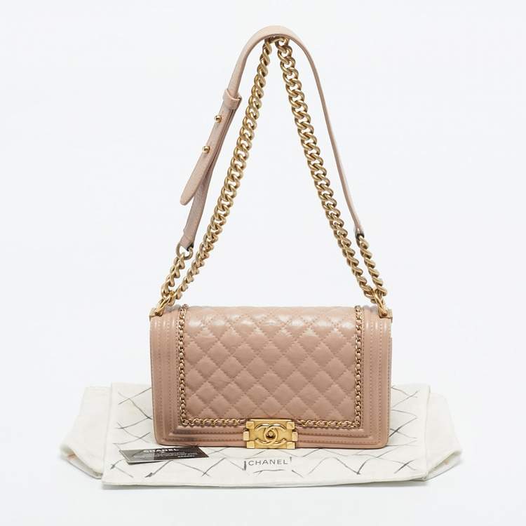 Pre Owned Chanel Pink Quilted Aged Leather Chain Around Medium Boy Flap Bag