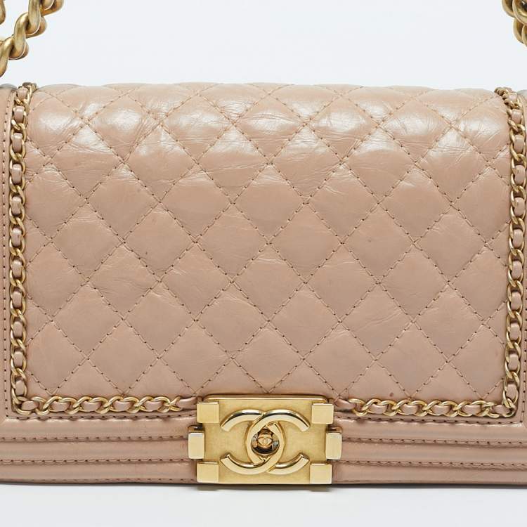 Pre Owned Chanel Pink Quilted Aged Leather Chain Around Medium Boy Flap Bag