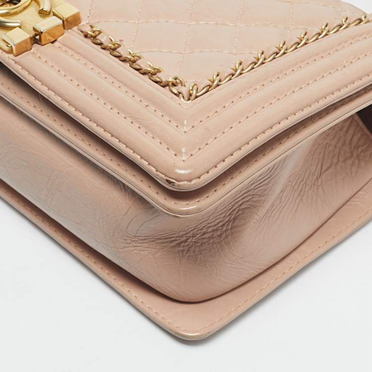Pre Owned Chanel Pink Quilted Aged Leather Chain Around Medium Boy Flap Bag