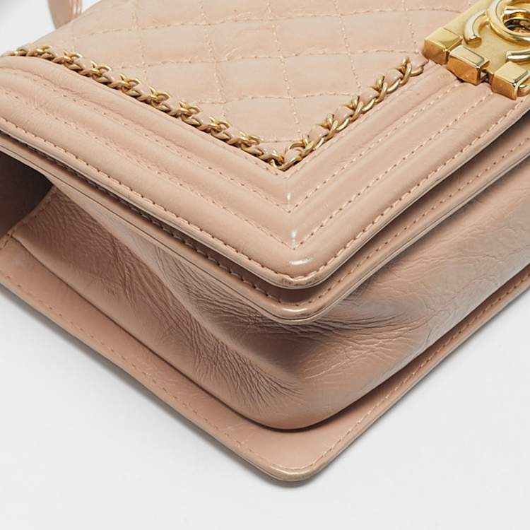 Pre Owned Chanel Pink Quilted Aged Leather Chain Around Medium Boy Flap Bag
