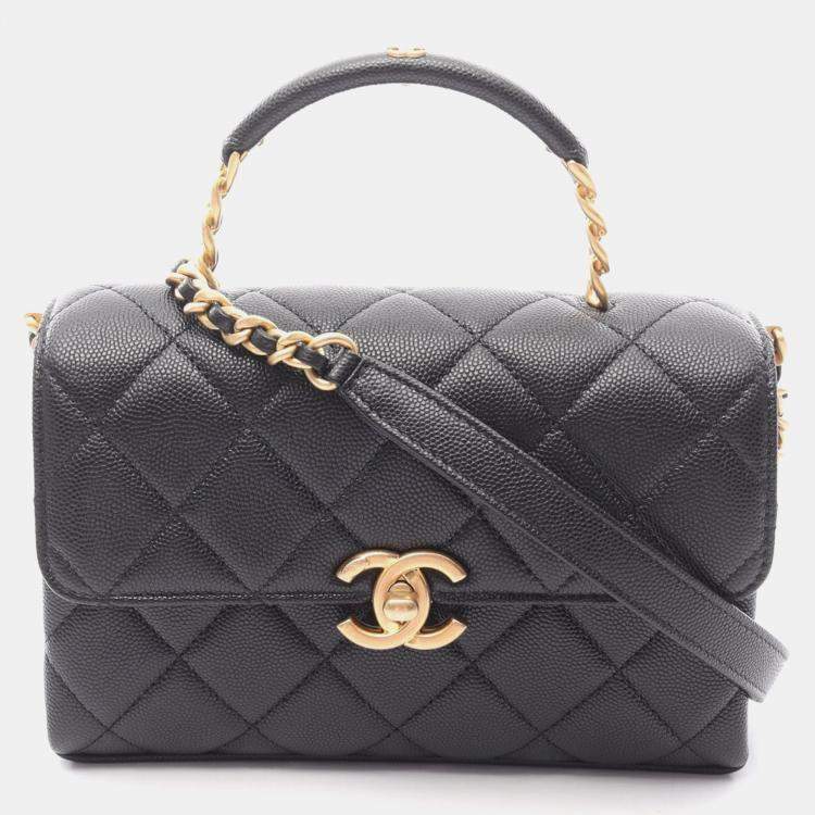 Pre Owned Chanel Matelasse Top Handle Chain Shoulder Bag Calfskin Black Ghw