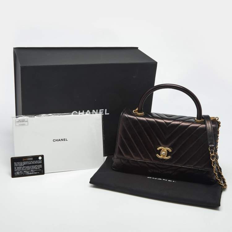 Pre Owned Chanel Black Chevron Leather Small Coco Top Handle Bag