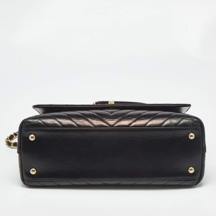 Pre Owned Chanel Black Chevron Leather Small Coco Top Handle Bag