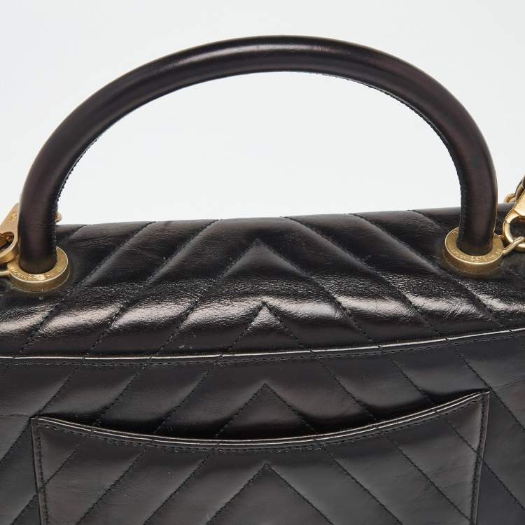 Pre Owned Chanel Black Chevron Leather Small Coco Top Handle Bag