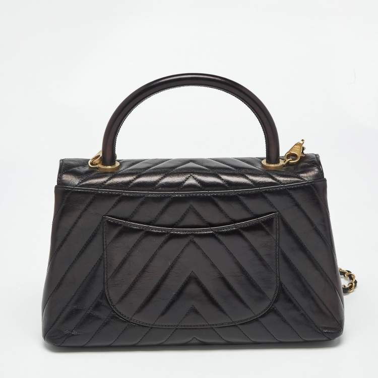 Pre Owned Chanel Black Chevron Leather Small Coco Top Handle Bag