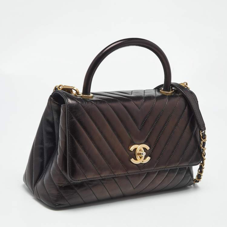 Pre Owned Chanel Black Chevron Leather Small Coco Top Handle Bag