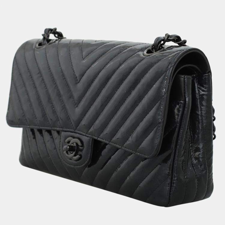 Pre Owned Chanel Patent Leather Chevron Medium Double Flap Bag