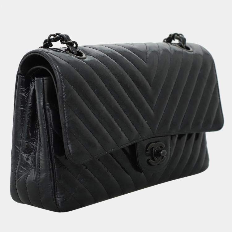 Pre Owned Chanel Patent Leather Chevron Medium Double Flap Bag