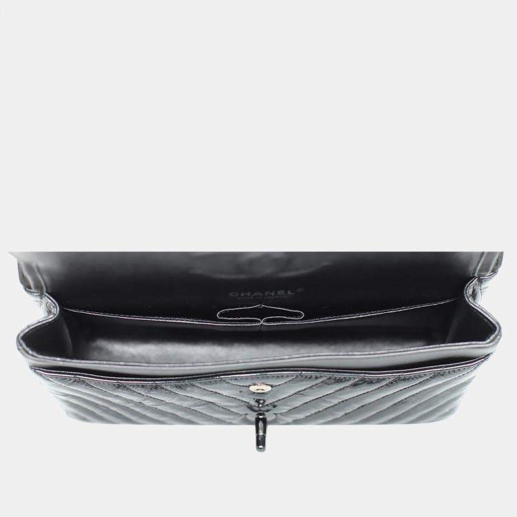 Pre Owned Chanel Patent Leather Chevron Medium Double Flap Bag
