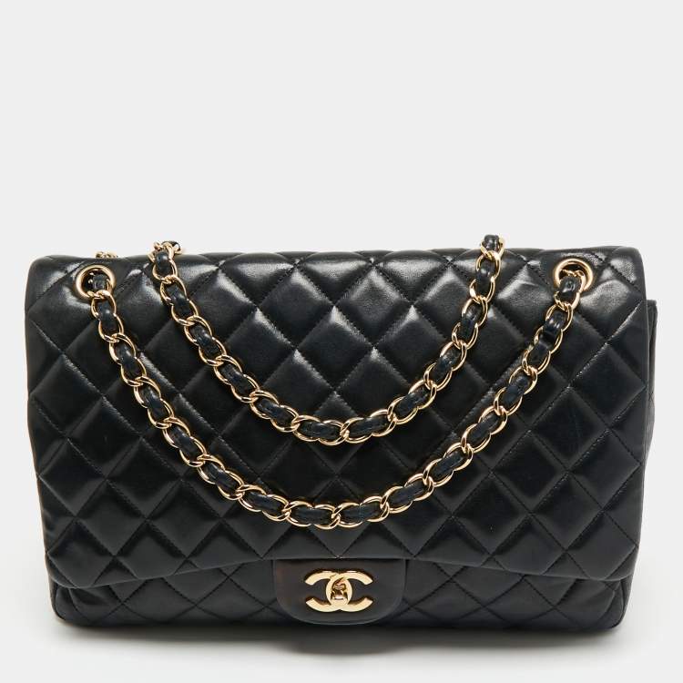Pre Owned Chanel Black Quilted Lambskin Leather Maxi Classic Single Flap Bag