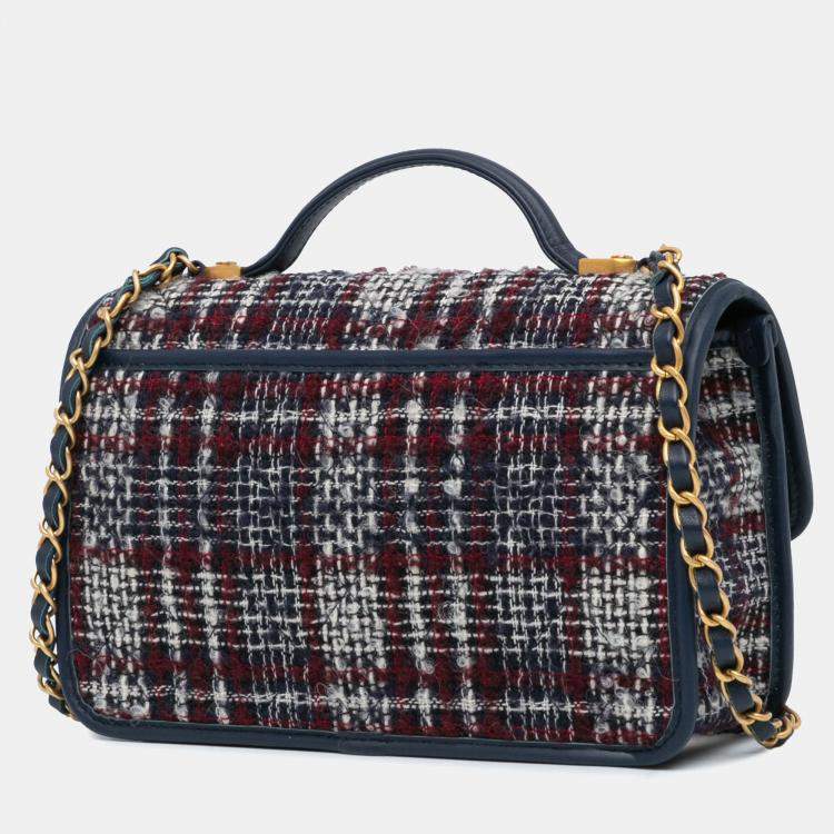 Pre Owned Chanel Navy Blue Small Tweed School Memory Top Handle Flap