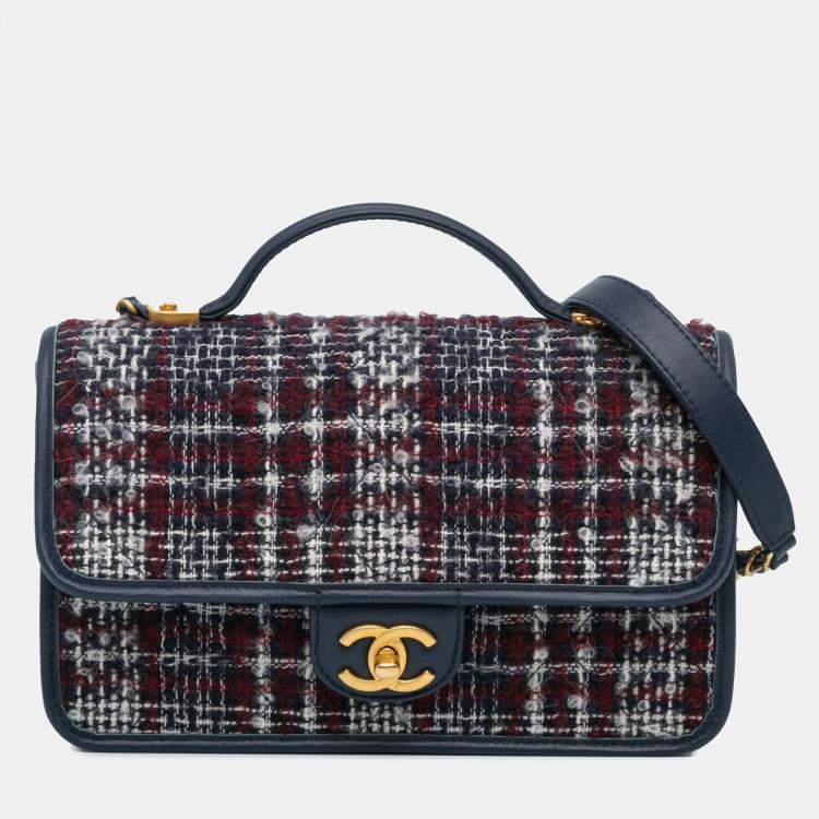 Pre Owned Chanel Navy Blue Small Tweed School Memory Top Handle Flap