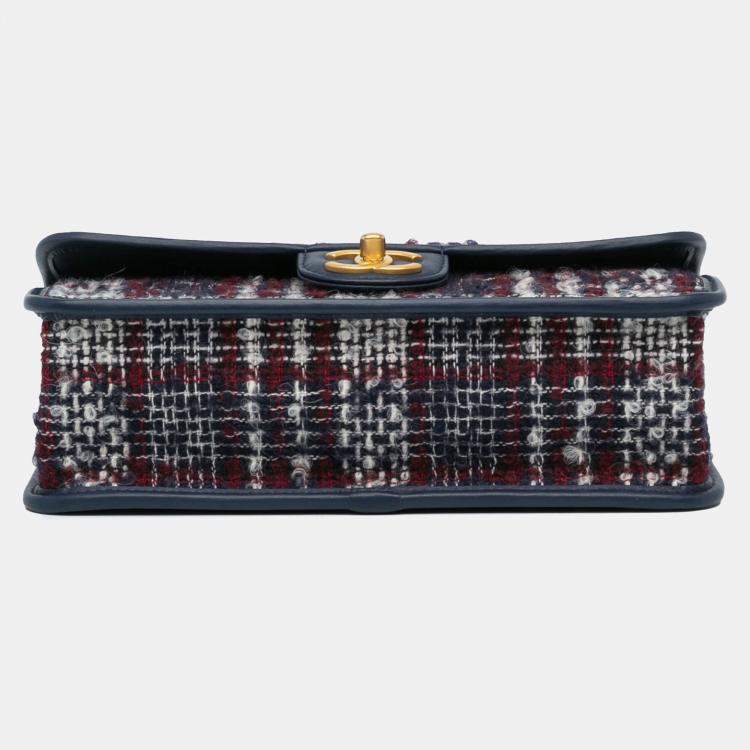 Pre Owned Chanel Navy Blue Small Tweed School Memory Top Handle Flap